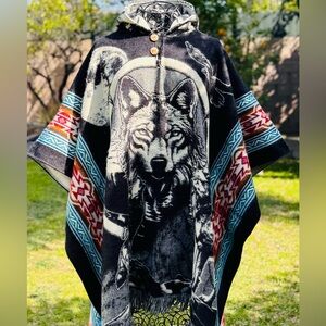 Native wolf adult size alpaca poncho, unisex, one size, handcrafted in Ecuador